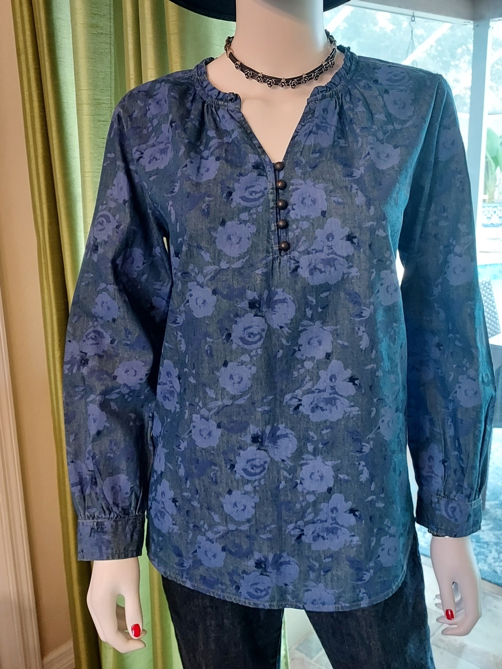 beachlunchlounge Blue Floral Button-Front Peasant Blouse 100% Cotton.Sz. XS NWOT